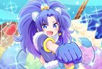  1girl :d animal_ears blue_bow blue_eyes blue_gloves blue_hair blue_shirt bow check_(check_book) clenched_hand cure_gelato earrings extra_ears food gloves heart ice_cream jewelry kirakira_precure_a_la_mode lion_ears lion_tail long_hair looking_at_viewer magical_girl object_namesake open_mouth precure shirt smile solo tail tategami_aoi upper_body 