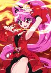  1girl :d aino_megumi arm_up armpits black_neckwear cherry_flamenco choker cowboy_shot cure_lovely dancing dengeki_gx detached_sleeves dress earrings fire flower hair_flower hair_ornament happinesscharge_precure! heart heart_earrings jewelry long_hair looking_at_viewer magical_girl open_mouth pink_eyes pink_hair ponytail precure red_background red_dress simple_background smile solo 