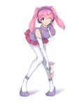  1girl bending_forward blue_eyes breasts character_request elbow_gloves energy_gun gloves headset isosceles_triangle_(xyzxyzxyz) keroro_gunsou looking_at_viewer medium_breasts one_eye_closed pink_hair ray_gun sleeveless smile solo twintails weapon white_gloves white_legwear 
