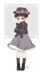  1boy artist_name black_eyes black_hair boots bow credence_barebone dress fantastic_beasts_and_where_to_find_them hat nightcat simple_background solo stuffed_animal stuffed_toy teddy_bear trap white_background younger 