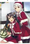  2girls bell black_hair box christmas gift gift_box hair_bell hair_ornament hat highres kantai_collection konishi_(koconatu) long_hair multiple_girls official_art open_mouth santa_costume santa_hat scan shoukaku_(kantai_collection) silver_hair smile twintails very_long_hair yellow_eyes zuikaku_(kantai_collection) 