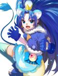  1girl :d animal_ears blue_bow blue_eyes blue_footwear blue_gloves blue_hair blue_legwear blue_neckwear blue_shirt blue_skirt bow choker clenched_hand cowboy_shot crown cure_gelato earrings extra_ears fuotchan gloves highres jewelry kirakira_precure_a_la_mode layered_skirt lion_ears lion_tail long_hair looking_at_viewer magical_girl mini_crown open_mouth precure shirt shoes simple_background skirt smile solo tail tategami_aoi thigh-highs white_background white_skirt 