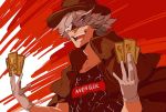  1boy edmond_dantes_(fate/grand_order) fate/grand_order fate_(series) gloves hat jacket_on_shoulders male_focus mask open_mouth pako servant_card_(fate/grand_order) shirt smile solo t-shirt 