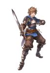  1boy belt breastplate brown_hair brown_pants fighter_(granblue_fantasy) full_body gauntlets gran_(granblue_fantasy) granblue_fantasy looking_at_viewer male_focus minaba_hideo official_art pants pointing pointing_at_viewer sheath smile sword transparent_background weapon wide_stance 