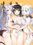  3girls :d :q ahoge ass ayami_(annahibi) azur_lane bikini black_hair blue_eyes blush bow breasts brown_eyes choker cleavage cowboy_shot criss-cross_halter gluteal_fold hair_bow hair_flaps halterneck hand_on_another&#039;s_stomach highres illustrious_(azur_lane) leg_garter long_hair looking_at_viewer low_ponytail medium_breasts medium_hair mole mole_on_breast multi-strapped_bikini multiple_girls navel one-piece_swimsuit open_mouth ponytail prinz_eugen_(azur_lane) see-through side-tie_bikini sideboob sidelocks silver_hair simple_background smile swimsuit takao_(kantai_collection) thigh_gap thigh_strap tongue tongue_out two_side_up white_bikini white_swimsuit yellow_background yellow_eyes 