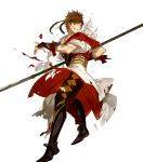  1boy arai_teruko armor armored_boots back bell boots brown_hair fire_emblem fire_emblem_heroes fire_emblem_if full_body headband highres injury japanese_clothes male_focus naginata official_art polearm shinonome_(fire_emblem) solo teeth torn_clothes transparent_background violet_eyes weapon 