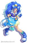  1girl :d absurdres animal_ears ankake_(ankakeudon48) blue_bow blue_eyes blue_footwear blue_gloves blue_hair blue_legwear blue_neckwear blue_shirt blue_skirt bow bubble_skirt choker clenched_hand crown cure_gelato earrings extra_ears full_body gloves highres jewelry kirakira_precure_a_la_mode layered_skirt lion_ears lion_tail long_hair looking_at_viewer magical_girl mini_crown open_mouth precure shirt shoes simple_background single_thighhigh skirt smile solo tail tategami_aoi thigh-highs twitter_username white_background white_skirt 