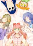  5girls :3 alternate_costume anger_vein angry bed bkub_(style) blue_hair bow green_eyes green_hair highres hood hoodie hoshifuri_sosogu lun_cm multiple_girls off-shoulder_shirt orange_hair pajamas pipimi poptepipic popuko redhead shirt sidelocks sleeping smile tsukino_shizuku two_side_up yellow_eyes yuhi_korona 