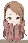  1girl absurdres blush brown_eyes brown_hair brown_sweater chin_rest closed_mouth hairband highres idolmaster long_hair long_sleeves looking_at_viewer minase_iori ribbed_sweater simple_background smile solo sweater upper_body white_background yamamoto_souichirou 