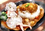  1girl bare_shoulders barefoot blush broccoli curry dress food frilled_dress frills full_body green_eyes highres ikasoke_(likerm6au) leg_ribbon looking_at_viewer minigirl personification plate ribbon short_twintails sitting sitting_on_food solo twintails white_dress white_hair yellow_ribbon 