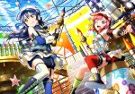 2girls :q armpits artist_request bangs bare_shoulders blue_nails blue_sky boots breasts child_drawing closed_mouth crayon detached_sleeves dutch_angle fingerless_gloves garter_straps gloves hair_between_eyes hat headphones heart holding indoors kneehighs long_hair looking_at_viewer looking_to_the_side love_live! love_live!_school_idol_festival love_live!_school_idol_project medium_breasts mismatched_legwear multiple_girls nail_polish nishikino_maki official_art one_eye_closed open_mouth red_nails short_hair shorts sitting skirt sky smile sonoda_umi stairs star striped striped_legwear sunlight thigh-highs tongue tongue_out vertical-striped_legwear vertical_stripes violet_eyes 