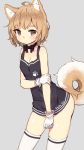  1girl ahoge animal_ears bare_shoulders black_dress black_neckwear bow bowtie brown_eyes clothes_writing cowboy_shot dog_ears dog_tail dress eyebrows_visible_through_hair gloves grey_background highres leaning_forward light_brown_hair looking_at_viewer medium_hair original paw_print petite shiba_inu shone simple_background sleeveless solo tail thigh-highs white_background white_gloves 