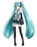  1girl aqua_eyes aqua_hair boots detached_sleeves eyebrows_visible_through_hair full_body hatsune_miku headset highres light_smile long_hair looking_at_viewer necktie simple_background skirt sleeves_past_wrists solo thigh-highs thigh_boots transparent_background twintails very_long_hair vocaloid yuunagi_show 
