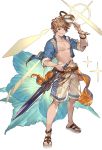  1boy bare_chest belt bracelet brown_hair diffraction_spikes flower full_body gran_(granblue_fantasy) granblue_fantasy grin hibiscus jacket jewelry looking_at_viewer male_focus male_swimwear minaba_hideo official_art open_clothes open_jacket removing_hat sandals sash smile solo sparkle swim_trunks swimwear sword transparent_background visor_cap weapon 