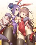  2girls animal_ears azur_lane bangs bare_shoulders black_legwear blue_ribbon blunt_bangs breasts brown_hair covered_navel fingernails gluteal_fold gradient gradient_background grin hair_bun hair_ribbon hairband hand_on_hip highleg highleg_leotard highres jacket leotard long_hair looking_at_viewer medium_breasts multiple_girls ning_hai_(azur_lane) pantyhose ping_hai_(azur_lane) purple_hair rabbit_ears ribbon small_breasts smile tassel thigh-highs tomoyuki_kotani under_boob violet_eyes white_hairband yellow_background 