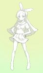  1girl barefoot closed_eyes full_body gradient gradient_background green_background hairband hands_on_hips kazuma_muramasa kirahoshi_ciel kirakira_precure_a_la_mode long_hair looking_at_viewer monochrome precure school_uniform serafuku skirt smile solo standing 