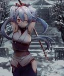  1girl architecture detached_sleeves east_asian_architecture fate/grand_order fate_(series) gloves hair_between_eyes hair_ribbon highres holding holding_sword holding_weapon japanese_clothes katana kosumi long_hair obi one_eye_closed outdoors red_eyes red_gloves red_ribbon ribbon sash side_slit silver_hair snowing solo sword tasuki tomoe_gozen_(fate/grand_order) weapon 