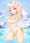  1girl arm_up armpits aymusk bikini blonde_hair blue_eyes blush breasts cleavage highres large_breasts long_hair medium_breasts open_mouth original see-through_silhouette solo swimsuit wading wet wet_clothes yellow_bikini 