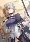  1boy 1girl armor artist_name back-to-back bangs blonde_hair braid closed_mouth commentary_request eyebrows_visible_through_hair fate/apocrypha fate_(series) faulds gauntlets hair_between_eyes hand_up headpiece highres holding_flag jeanne_d&#039;arc_(fate) jeanne_d&#039;arc_(fate)_(all) long_hair looking_to_the_side nikame outdoors sieg_(fate/apocrypha) signature single_braid solo_focus standard_bearer thigh-highs very_long_hair violet_eyes wavy_hair 