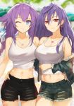  2girls choujigen_game_neptune highres iris_heart looking_at_viewer multiple_girls neptune_(choujigen_game_neptune) neptune_(series) purple_heart sendrawz short_shorts shorts 