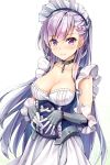  1girl azur_lane bangs belfast_(azur_lane) blush braid breasts chains cleavage closed_mouth collar collarbone cowboy_shot dress french_braid kotatsu_(kotatsu358) large_breasts long_hair looking_at_viewer maid maid_headdress purple_hair smile solo violet_eyes white_dress 