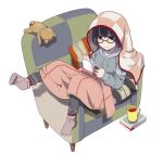  1girl bangs black-framed_eyewear black_hair blanket book closed_mouth couch cup glasses green_eyes hood hoodie lying mattaku_mousuke mug on_back on_couch open_book original reading simple_background socks solo stuffed_animal stuffed_toy teddy_bear white_background 
