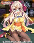  1girl anklet black_legwear blush book brown_eyes brown_hair bucchake_(asami) bun_cover character_request copyright_name detached_sleeves double_bun glasses hair_bun japanese_clothes jewelry kimono koihime_musou long_hair no_pants obi official_art on_floor open_mouth panties panties_under_pantyhose pantyhose sash scroll shelf shoes sitting solo thighband_pantyhose underwear white_panties yukata 