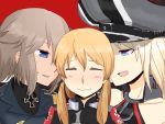  3girls :3 bare_shoulders bismarck_(kantai_collection) bismarck_(zhan_jian_shao_nyu) blonde_hair blue_eyes blush hat iron_cross kantai_collection long_hair low_twintails military military_hat military_uniform multiple_girls nb_(pixiv594732) peaked_cap prinz_eugen_(kantai_collection) short_hair twintails uniform yuri zhan_jian_shao_nyu 