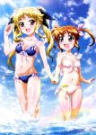  2girls absurdres artist_request barefoot bikini blonde_hair blue_bikini blue_sky blush breasts brown_hair clouds collarbone day eyebrows_visible_through_hair fate_testarossa front-tie_bikini front-tie_top gluteal_fold hair_ribbon hand_holding highres long_hair looking_at_another lyrical_nanoha mahou_shoujo_lyrical_nanoha multiple_girls navel nyantype official_art open_mouth outdoors pink_hair red_eyes ribbon shiny shiny_hair shiny_skin sky small_breasts splashing swimsuit takamachi_nanoha twintails very_long_hair violet_eyes walking water 