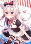  1girl amane_kurumi american_flag animal_ears azur_lane bangs black_bow black_dress blue_eyes bow breasts corset dress eyebrows_visible_through_hair hair_bow hammann_(azur_lane) heart highres long_hair looking_at_viewer red_ribbon ribbon silver_hair sitting small_breasts solo thigh-highs tsurime white_legwear wrist_cuffs 