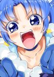  1girl :d blue_eyes blue_gloves blue_hair blue_neckwear choker close-up collarbone cure_gelato earrings face gloves jewelry kirakira_precure_a_la_mode looking_at_viewer magical_girl naruse_yasuhiro open_mouth precure smile solo tategami_aoi teeth tongue 