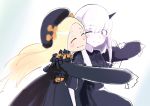  2girls abigail_williams_(fate/grand_order) absurdres albino black_dress black_hat blonde_hair blush bow closed_eyes commentary_request dress fate/grand_order fate_(series) grin hat hat_bow highres hug lavinia_whateley_(fate/grand_order) long_hair looking_at_another multiple_girls one_eye_closed red_eyes saekiti0201 sketch sleeves_past_wrists smile white_hair white_skin 