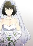  1girl bare_shoulders bouquet bridal_veil bride brown_hair closed_eyes collarbone cowboy_shot dress flower gloves hair_flower hair_ornament image_sample jewelry kawakami_sadayo lily_(flower) necklace pearl_necklace persona persona_5 rose short_hair smile solo strapless strapless_dress twitter_sample veil wedding_dress white_dress white_gloves white_rose 