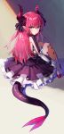  1girl absurdres bangs black_ribbon black_skirt blue_eyes boots elizabeth_bathory_(fate) elizabeth_bathory_(fate)_(all) fate/extra fate/extra_ccc fate_(series) frilled_skirt frills full_body hair_ribbon hieung highres horns knees_up lancer_(fate/extra_ccc) layered_skirt long_hair looking_at_viewer pink_hair pointy_ears ribbon shiny shiny_hair sitting skirt solo tail tears white_footwear wrist_cuffs 