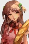  1girl :p baguette bread brown_hair character_request copyright_request food green_eyes green_ribbon grey_background hair_ribbon half-closed_eyes hankuri holding holding_food jacket long_hair looking_at_viewer neckerchief pink_jacket red_neckwear ribbon short_sleeves simple_background solo tongue tongue_out two_side_up upper_body 