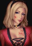  1girl artist_name black_background blonde_hair blue_eyes breasts casual chromatic_aberration cleavage collarbone commentary dress eyeliner eyeshadow fake_horns hair_down hairband happy_halloween head_tilt lips looking_at_viewer makeup medium_breasts medium_hair mercy_(overwatch) nose overwatch parted_lips pink_lips polka_dot polka_dot_dress portrait realistic red_dress signature simple_background smile solo umigraphics 