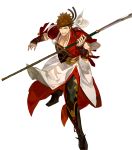  1boy arai_teruko armor armored_boots bell boots brown_hair fire_emblem fire_emblem_heroes fire_emblem_if full_body headband highres japanese_clothes male_focus naginata official_art open_mouth polearm shinonome_(fire_emblem) solo teeth transparent_background violet_eyes weapon 