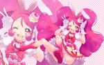  1girl ;d animal_ears bow bunny_pose cake_hair_ornament choker cure_whip extra_ears food_themed_hair_ornament full_body gloves hair_ornament hairband highres kannagi_kaname kirakira_precure_a_la_mode long_hair looking_at_viewer magical_girl one_eye_closed open_mouth panties pantyshot pink pink_bow pink_eyes pink_footwear pink_hair pink_hairband polka_dot polka_dot_background precure puffy_sleeves rabbit_ears red_bow red_neckwear shoes skirt smile solo twintails underwear usami_ichika white_gloves white_panties white_skirt zoom_layer 