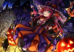 1girl black_cat black_legwear blue_eyes blush bow bridal_gauntlets candy cat choker cowboy_shot crescent_moon dress elizabeth_bathory_(fate)_(all) elizabeth_bathory_(halloween)_(fate) fang fate/grand_order fate_(series) food hair_between_eyes hair_bow halloween_costume hat horns jack-o&#039;-lantern lollipop long_hair looking_at_viewer moon night parted_lips pink_hair pitchfork pointy_ears saruei smile solo striped striped_dress tail thigh-highs tombstone witch_hat
