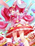  1girl animal_ears bow cake cake_hair_ornament candy caperata_(towahuyu) cropped_legs cure_whip doughnut dress food food_themed_hair_ornament gloves hair_ornament highres holding holding_wand kirakira_precure_a_la_mode layered_dress long_hair looking_at_viewer macaron magical_girl pink_bow pink_footwear pink_hair precure puffy_sleeves rabbit_ears rainbow red_eyes shoes smile solo standing standing_on_one_leg swiss_roll twintails usami_ichika wand white_gloves 