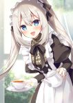  1girl :d apron bangs black_neckwear blue_eyes blush bow bowtie commentary_request cowboy_shot cup curtains day dress eyebrows_visible_through_hair fate/grand_order fate_(series) grey_hair holding holding_cup indoors juliet_sleeves leaning_forward long_hair long_sleeves looking_at_viewer maid maid_headdress marie_antoinette_(fate/grand_order) open_mouth plaid puffy_sleeves smile solo sumisaki_yuzuna tea teacup teapot twintails white_apron window 