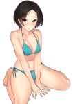  1girl bangs bare_arms bare_legs bare_shoulders barefoot between_legs bikini black_hair blue_bikini blue_ribbon blush breasts cleavage closed_mouth collarbone forehead full_body halterneck hand_between_legs highres kagematsuri looking_at_viewer medium_breasts navel nose_blush original own_hands_together parted_bangs ribbon short_hair side-tie_bikini simple_background sitting smile solo stomach swimsuit thighs tsurime v_arms violet_eyes wariza white_background 