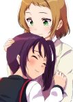  2girls bangs brown_hair clenched_hand closed_eyes comforting commentary_request crying green_eyes hair_ribbon hand_on_another&#039;s_chest hand_on_another&#039;s_head kazuno_sarah kira_tsubasa long_sleeves love_live! love_live!_school_idol_project love_live!_sunshine!! multiple_girls purple_hair ribbon sen_(sen0910) short_hair side_ponytail upper_body white_background white_ribbon 