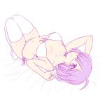 1girl bed_sheet bikini breasts chan_co collarbone fate/grand_order fate_(series) front-tie_bikini front-tie_top hair_over_one_eye legs_together lying mash_kyrielight medium_breasts navel on_back parted_lips purple_hair short_hair side-tie_bikini solo swimsuit thigh-highs thighs violet_eyes white_bikini 