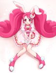  1girl :q animal_ears bow cake_hair_ornament choker cure_whip dress food_themed_hair_ornament full_body gloves hair_ornament hairband highres kirakira_precure_a_la_mode long_hair looking_at_viewer magical_girl pink_bow pink_footwear pink_hair pink_hairband precure puffy_sleeves rabbit_ears red_eyes red_neckwear shoes simple_background sitting smile solo tachibana_momoya tongue tongue_out twintails usami_ichika v_arms white_background white_dress white_gloves 