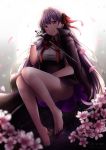  &gt;:) 1girl backlighting bangs bare_legs barefoot bb_(fate/extra_ccc) blurry blush breasts cape closed_mouth depth_of_field fate/extra fate/extra_ccc fate_(series) full_body gloves hair_ribbon high-waist_skirt highres large_breasts long_hair looking_at_viewer purple_hair red_ribbon ribbon saruei sitting skirt smile solo thighs v-shaped_eyebrows very_long_hair violet_eyes white_gloves 