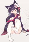  1girl :d animal_ears arm_support azur_lane bangs black_hair black_kimono blush breasts cat_ears collarbone commentary_request detached_sleeves eyebrows_visible_through_hair fang feet fox_mask hair_ornament head_tilt japanese_clothes kimono large_breasts long_sleeves looking_at_viewer mask mask_on_head no_shoes open_mouth panties pantyshot pantyshot_(sitting) print_kimono red_eyes short_hair sitting smile soles solo thigh-highs tsuka underwear white_legwear white_panties wide_sleeves yamashiro_(azur_lane) 