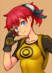  1girl aiba_ami backpack bag blue_eyes breasts digimon digimon_story:_cyber_sleuth getter_ichi gloves goggles goggles_on_head leaning_to_the_side looking_at_viewer medium_breasts print_shirt raglan_sleeves redhead shirt side_ponytail skin_tight smile t-shirt upper_body yellow_shirt 