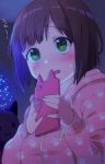  1girl bangs blunt_bangs blush brown_hair cellphone christmas_tree commentary dark green_eyes hood hoodie idolmaster idolmaster_cinderella_girls maekawa_miku no_nose paw_print_pattern phone short_hair smartphone solo stuffed_animal stuffed_toy sweatdrop upper_body uso_(ameuzaki) 