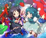  2girls asymmetrical_wings black_dress black_hair black_legwear blue_eyes blue_hair blue_vest blush bow bowtie dress geta holding holding_umbrella houjuu_nue juliet_sleeves light long_sleeves mizumoto_tadashi multiple_girls one_eye_closed pointing puffy_sleeves red_eyes red_footwear red_neckwear short_hair short_sleeves smile snake star tatara_kogasa thigh-highs tongue tongue_out touhou ufo umbrella vest wings 